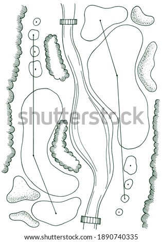 Golf course hole map vector with bunkers and river. Contour, sketch, outline of Golf Course.