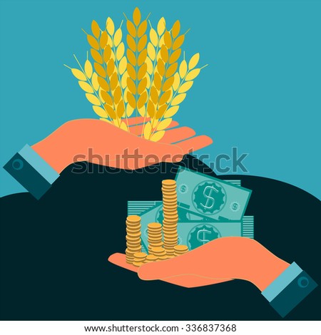 Ears of wheat and dollar bills with coins in hand. Investments in agriculture. Payment of bread. Money in food trade, agribusiness, agrobusiness.