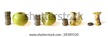 four rouleaus of coins and apple. cutout
