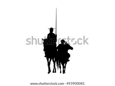 Silhouette of Don Quixote de la Mancha, of Cervantes spanish novelist, with windmills and sunset