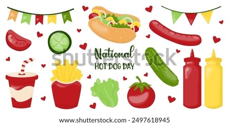  Vector illustration. Vector set of hot dog day with fries, hot dog, ketchup, mustard, lemonade, tomato slice, cucumber slice, lettuce, sausage, tomato, cucumber and garland.