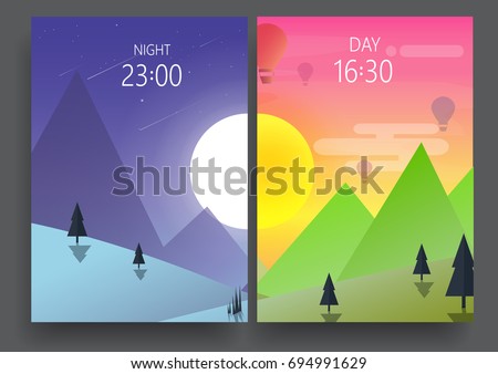 Day and night landscape illustrations with  mountains, hills ,star, air balloon, trees, lockscreen mobile UI-flat design.