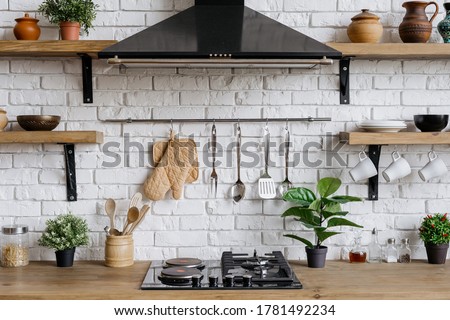 Element of kitchen appliance in apartment with modern interior, gas stove, cooking hood, kitchenware supplies and green houseplant decor