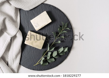 Similar – Image, Stock Photo Sustainable beauty background with massage brushes, bamboo toothbrushes, cosmetic bottles, jade roller and sponge on white background with palm leaves