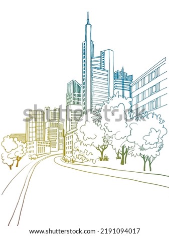 Colorful Urban line sketch with landscape of the old European city. Germany. Frankfurt am Main. Old street in hand drawn style on white background