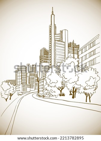 Sepia Urban sketch with landscape of the old European city. Germany. Line Art. Frankfurt am Main. Old street in hand drawn style on white background