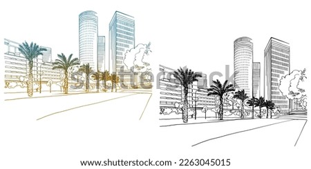 Urban landscape. Nice view on the modern Tel Aviv. Israel. Colourful and black and white sketch. Hand drawing vector illustration on white.