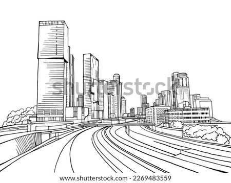 Urban landscape. Nice view on the modern Tel Aviv. Israel. Black and white sketch. Hand drawing vector illustration on white.