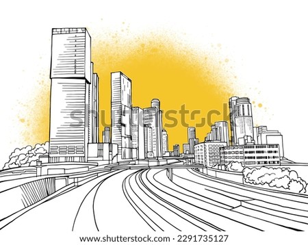 Urban landscape. Nice view on the modern Tel Aviv. Israel. Black and white sketch. Hand drawing vector illustration on white.