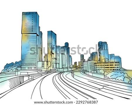 Urban landscape. Nice view on the modern Tel Aviv. Israel. Colourful  sketch. Hand drawing vector illustration on white.