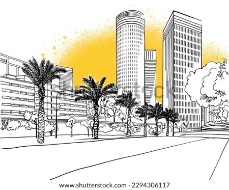 Urban landscape. Nice view on the modern Tel Aviv, Israel. Urban sketch. Hand drawn line sketch. Vector illustration on yellow.