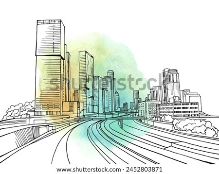 Nice view of modern Tel Aviv. Israel. Hand drawn sketch. Line art. Vector illustration on watercolor. Line art. Postcards.