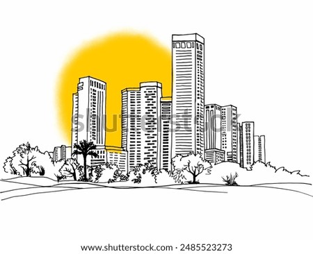 Urban modern landscape. Hand drawn line sketch. Vector illustration. Sunshine background