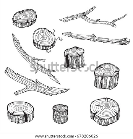 Design set with isolated wood, twigs and logs. Tree branches in hand drawn style. Ink contour sketch on white background. Vector illustration. Foto stock © 