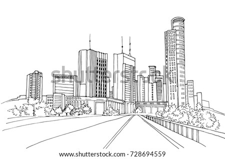 Urban modern landscape. Hand drawn line sketch. Vector illustration.
