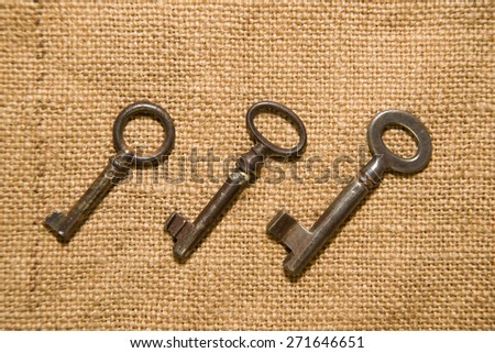 Three vintage keys to the safe on old cloth