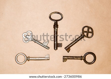 Some vintage keys from the locks on kraft paper