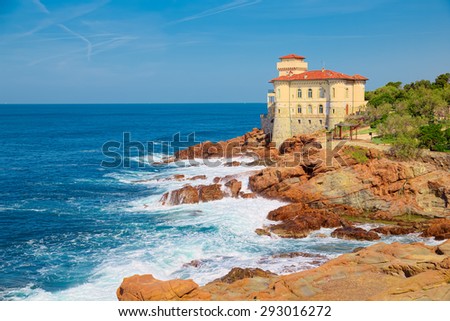 Cliffs of the Tuscan coast, overlooking the sea stands the castle of Boccale, medieval manor with watchtower (Livorno)