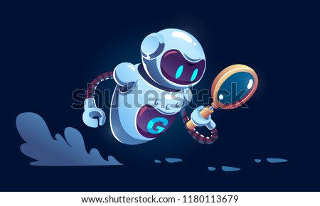 Search metal bot with magnifier is flying over the boots tracks. SEO robot vector illustration.