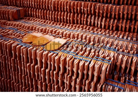 Similar – Image, Stock Photo Red-brown curved roof tiles on the roof of an old building with chimney in the sunshine in Oerlinghausen near Bielefeld on the Hermannsweg in the Teutoburg Forest in East Westphalia-Lippe