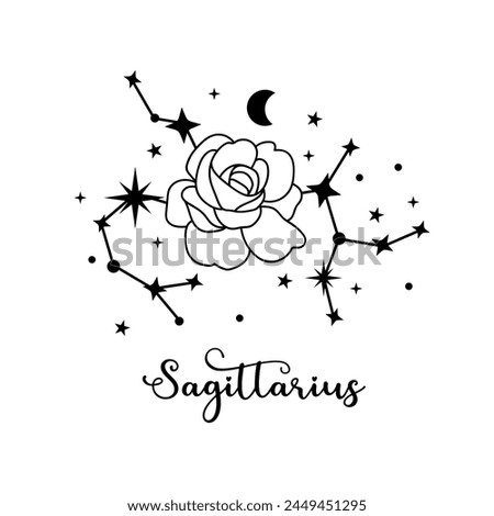 Sagittarius zodiac sign with moon, flower and stars. Celestial constellation 