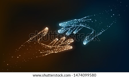 Two hands of glowing particles, orange and blue, help, support