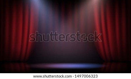 Empty scene with a red curtain and spotlights. Concert, show, performance