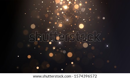 Vector background with golden bokeh, falling golden sparks, dust glitter, blur effect