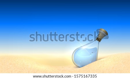 Glass bottle with blue water on the sand in the desert