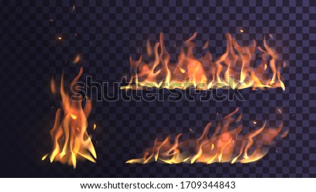 Vector set flame and bonfire on a transparent background, orange fire