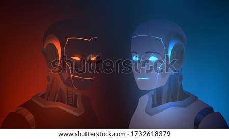 Bad and good robot with glowing eyes, the confrontation of two androids
