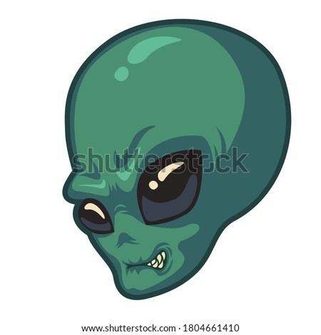 Green sticker of an evil alien head on a white background