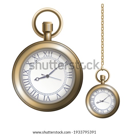 Pocket gold vintage watch with chain on white background