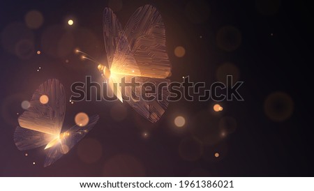 Two golden glowing butterflies with circuit wings on a dark background	
