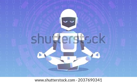 The robot sits in the lotus position and meditates