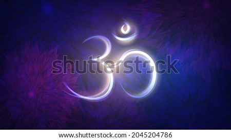 Glowing Indian sign Om on a purple background with flowers