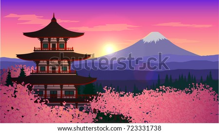 Illustration with an Asian temple and mountains. Japan, cherry blossom, Mount Fuji