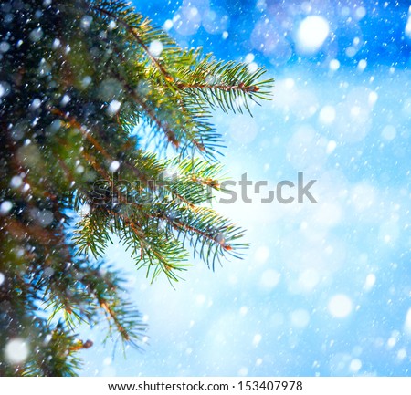 Art winter Christmas tree branch on a blue snow background