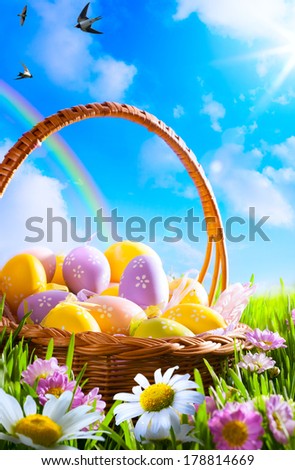 art Easter background with eggs on basket