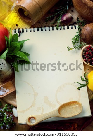 art fresh vegetables and spices on the wooden background; food recipes