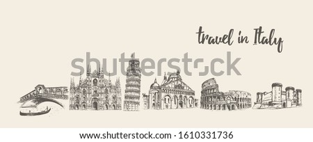 Italy skyline with its main attractions. Rome, Venice, Pisa, Milan, Naples. Conceptual artwork. Hand drawn vector illustration, sketch