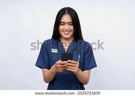 Similar – Image, Stock Photo Doctor making a phone call. Hospital staff working at night duty. Woman wearing uniform, cap and face mask to prevent virus infection