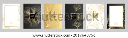 Tropical cover design set. Floral background with golden line leaves. Vector collection black and gold elegant pattern for wedding invitation, restaurant menu, luxury brochure, business, sale template
