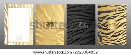 Modern cover, frame safari set. Gold tiger print luxury background. Abstract wavy line pattern print on backdrop. Premium luxury stripes vector collection for brochure, template, restaurant menu.