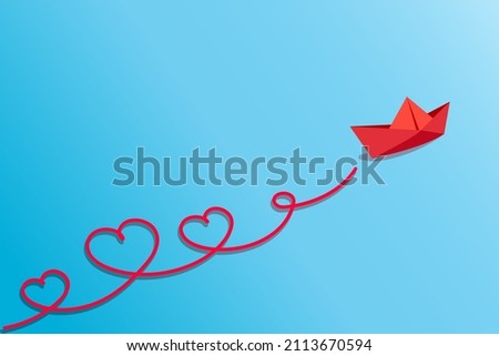 Launch paper boat with love. Ship going scattering red heart shapes. Sharing love. Charity, volunteer work concept. Happy Valentine day postcard. Travel or lovely journey. Vector illustration