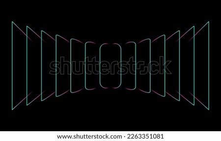 Abstract perspective rectangles line frame overlay pattern by colorful light line glitch effect isolated on black background. Vector illustration AI technology, digital, communication, science, music