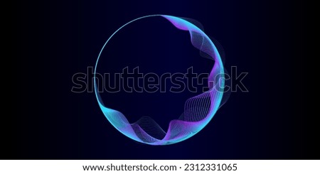Vector abstract circles lines wavy in round frame smooth flowing dynamic blue gradient light isolated on black background for concept of technology, digital, communication, science, music, AI