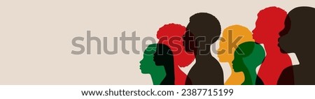 Silhouette face head in profile ethnic group of black African and African American men and women. Identity concept - racial equality and justice. Racism, discrimination. Juneteenth emancipation.