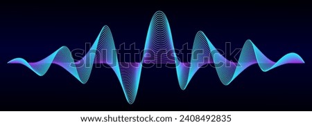 Abstract dynamic sound wave lines flowing colorful blue purple light isolated on black background. Vector illustration