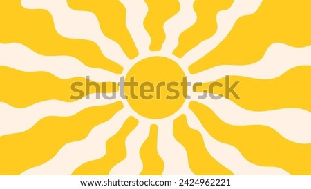 Groovy, hippie, retro sunny background. Abstract hand drawn doodle sunshine shapes in trendy childishly, naive art style. Contemporary summer poster, banner, vector template.
